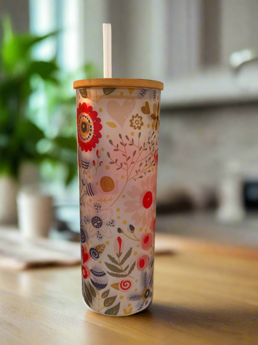 Flower frosted glass tumbler 25 oz - Keila Makes It