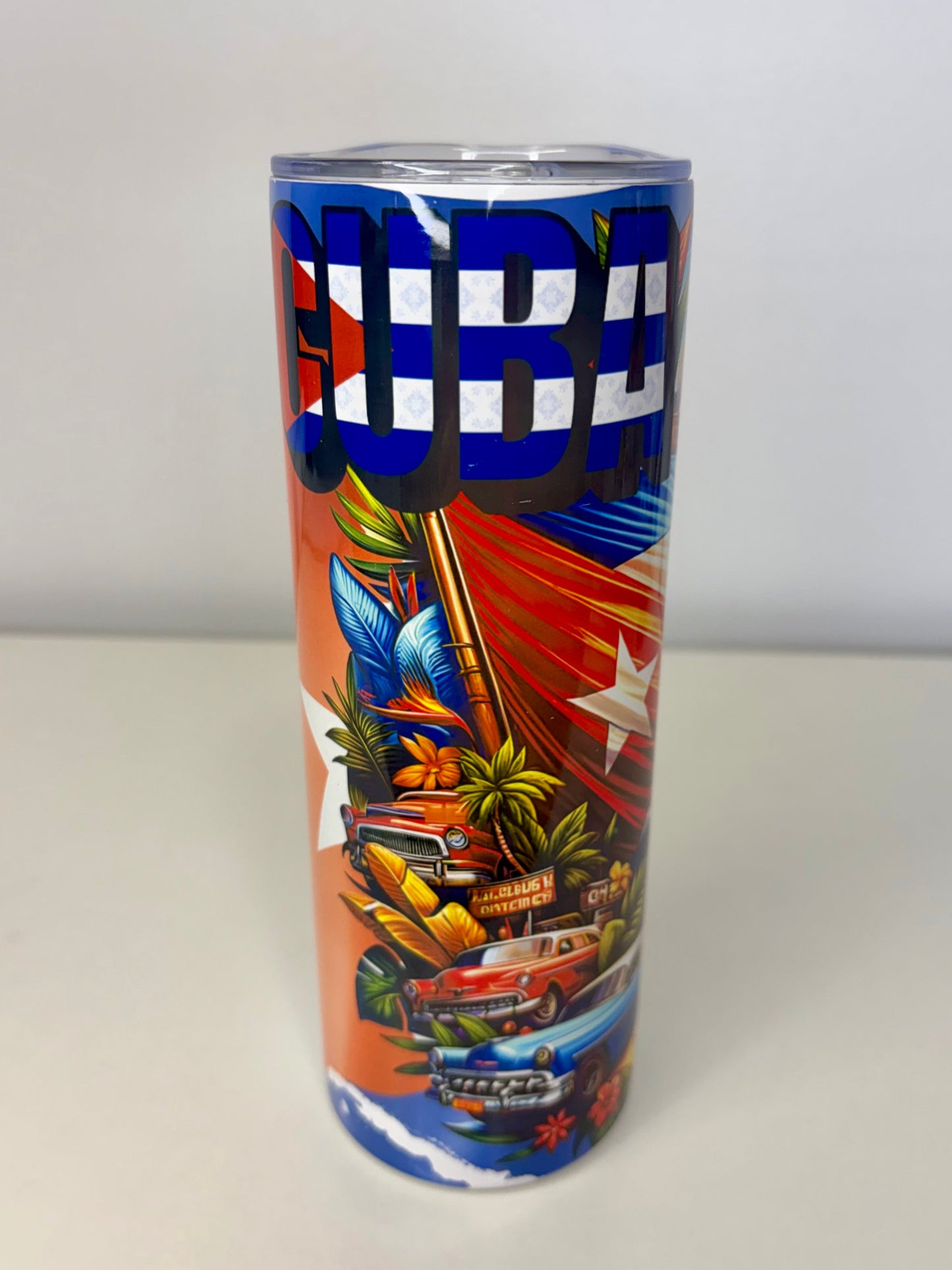 Cuba 20oz Stainless Steel Tumbler – Vintage Car Design, Plastic Lid, Straw & Rubber Bottom