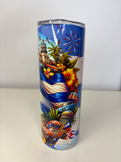 Cuba 20oz Stainless Steel Tumbler – Vintage Car Design, Plastic Lid, Straw & Rubber Bottom