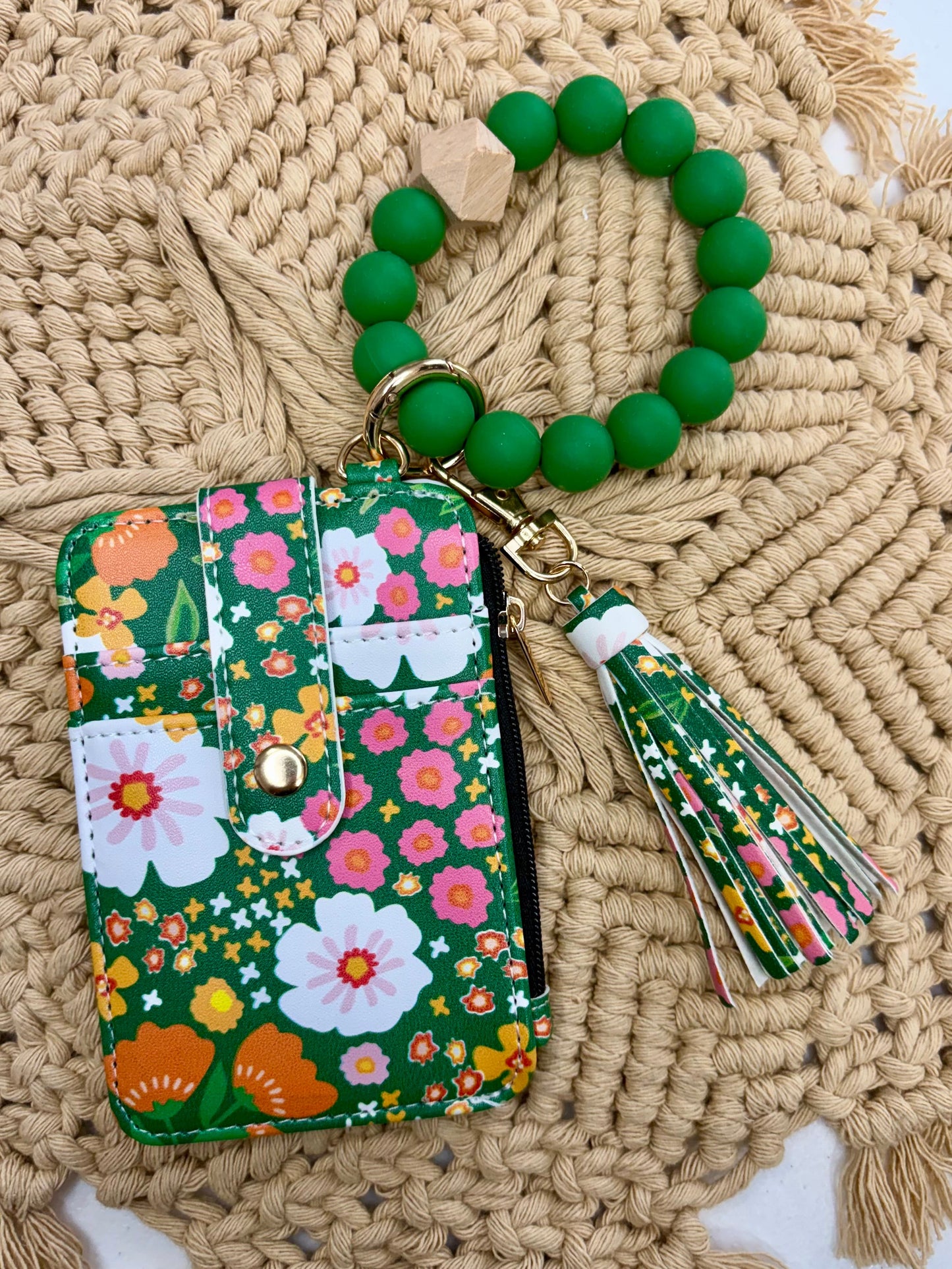 Green & Pink Floral Boho Beaded Wristlet Wallet – Cute Floral Card Hold