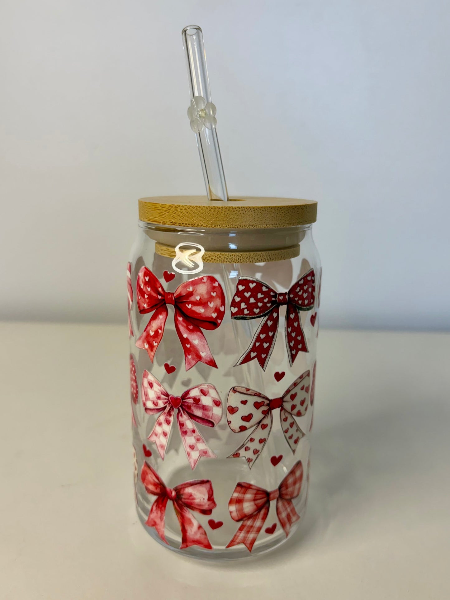 Red Bows Glass Can Cup, Bamboo Lid & Glass Straw