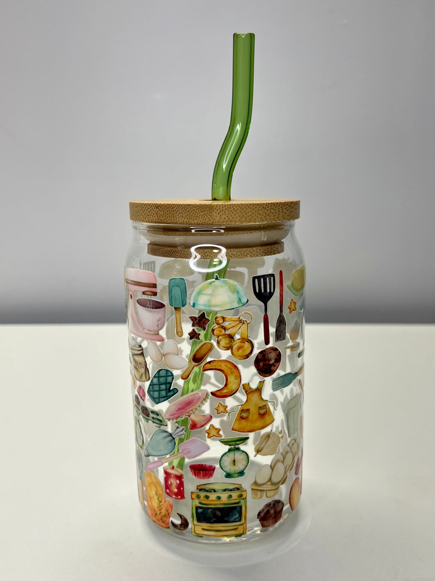 “Baker’s Sweet Dreams” Glass Can Cup | Cute Baking Design | UV DTF | Green Straw + Bamboo Lid