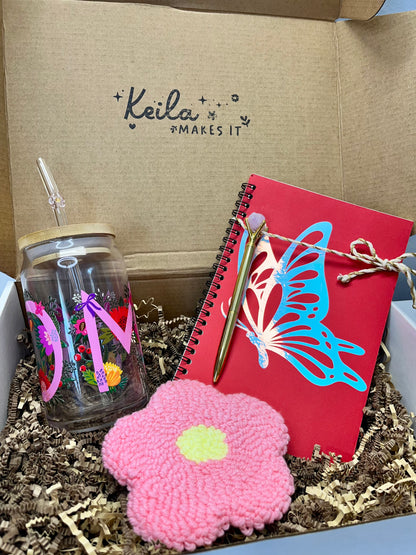 MOM Gift Box - UV DTF Glass. An Cup with Flower Straw, Pink Mug Rug Coaster & Butterfly Notebook