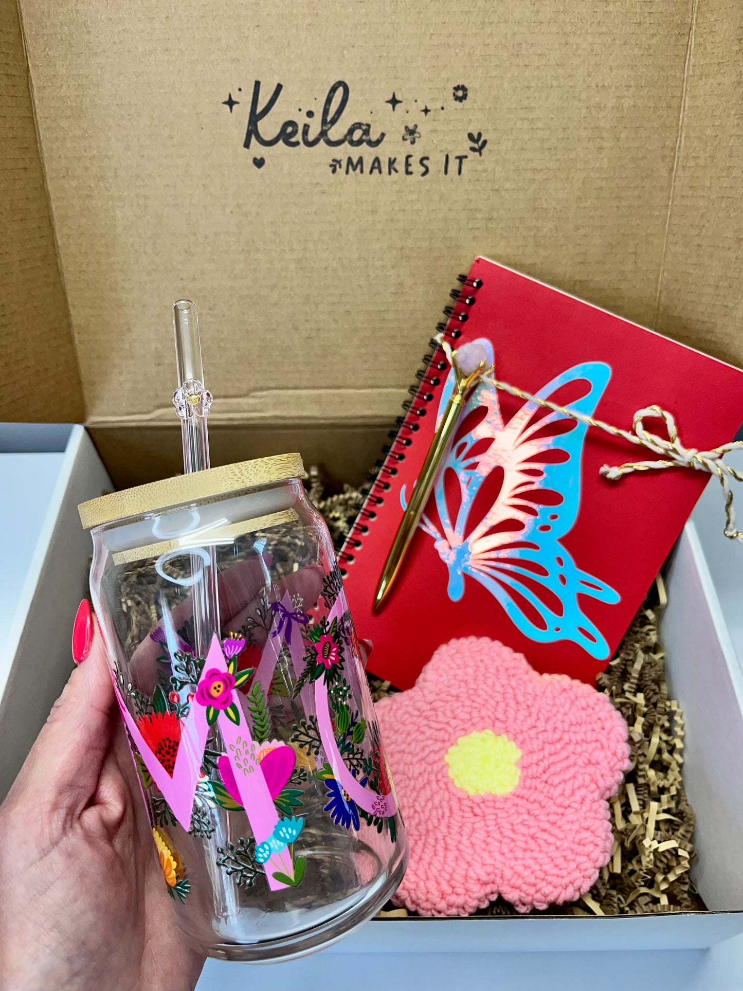 MOM Gift Box - UV DTF Glass. An Cup with Flower Straw, Pink Mug Rug Coaster & Butterfly Notebook