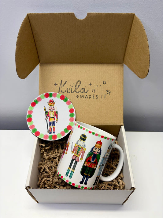 Christmas Nutcracker Mug & Coaster Gift Set – Festive 11oz Ceramic Mug + Matching Coaster | Holiday Coffee Gift Box