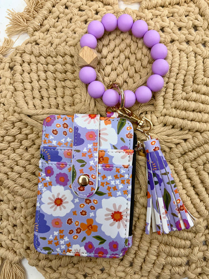 Purple Floral Boho Beaded Wristlet Wallet – Wrist Keychain Card Holder