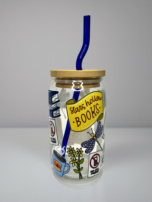 Stars Hollow Books Glass Can Cup with Blue Glass Straw & Bamboo Lid | Cozy Book Lover UV DTF Cup