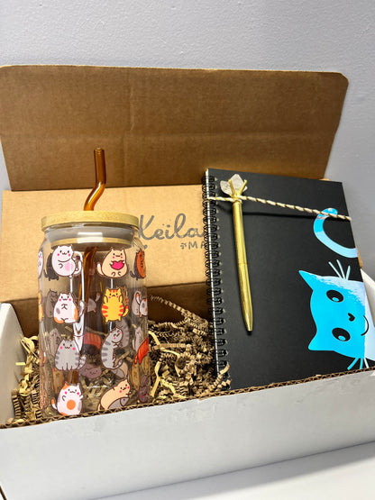 Cat Lover Gift Box - Glass Can Cup with UV DTF Cats, Curved Glass Straw, Bamboo Lid & Cat Notebook + Gold Gem Pen