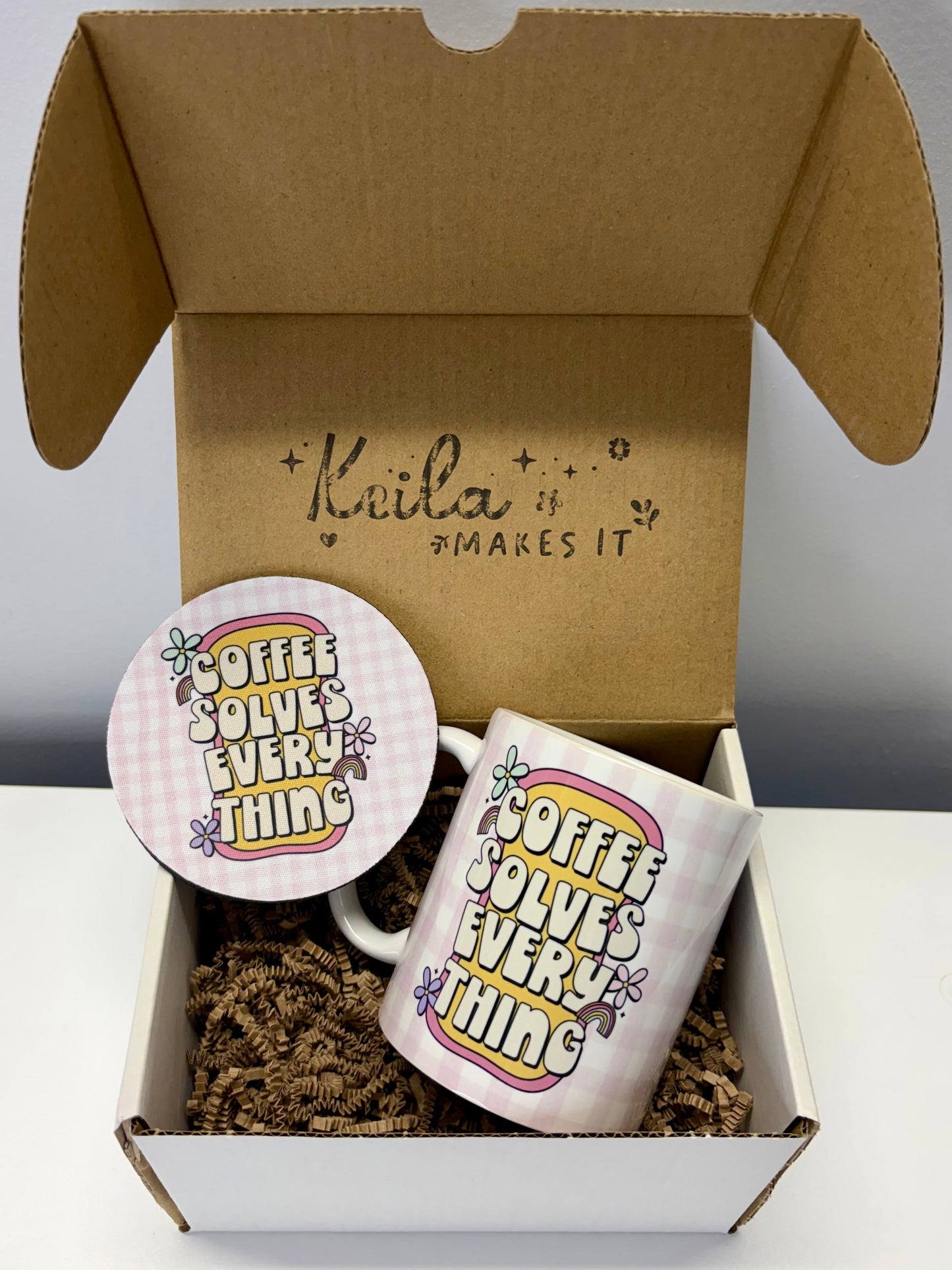 Coffee Solves Everything Mug & Coaster Gift Set – 11oz Ceramic Mug + Matching Coaster