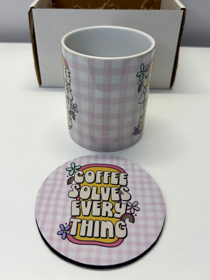 Coffee Solves Everything Mug & Coaster Gift Set – 11oz Ceramic Mug + Matching Coaster