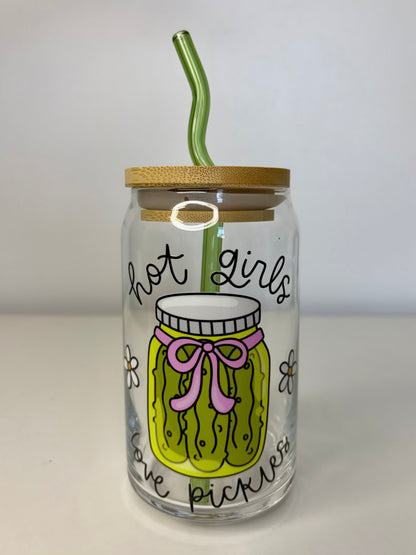 Hot Girls Love Pickles Glass Can Cup – 16oz UV DTF, Curved Green Straw & Bamboo Lid