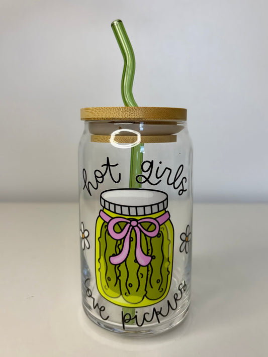 Hot Girls Love Pickles Glass Can Cup – 16oz UV DTF, Curved Green Straw & Bamboo Lid