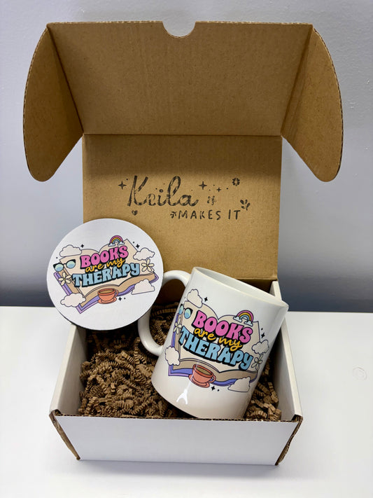 Books Are My Therapy Mug & Coaster Gift Box – Ceramic 11oz Coffee Mug + Matching Coaster – Book Lover Gift Set