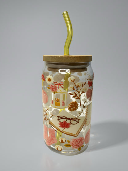 Pink Fall Glass Can Cup | Cozy Pumpkin Aesthetic with Bamboo Lid & Yellow Glass Straw