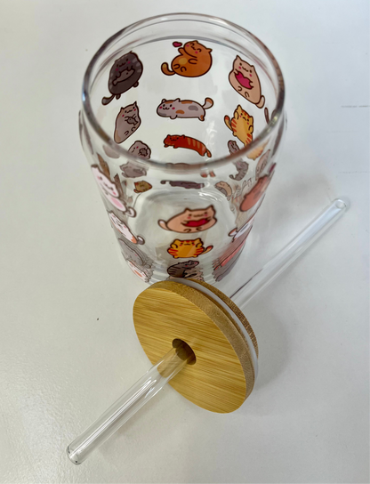 Cute Cat Glass Can - 16oz Reusable Glass Can Cup with Bamboo Lid & Straw