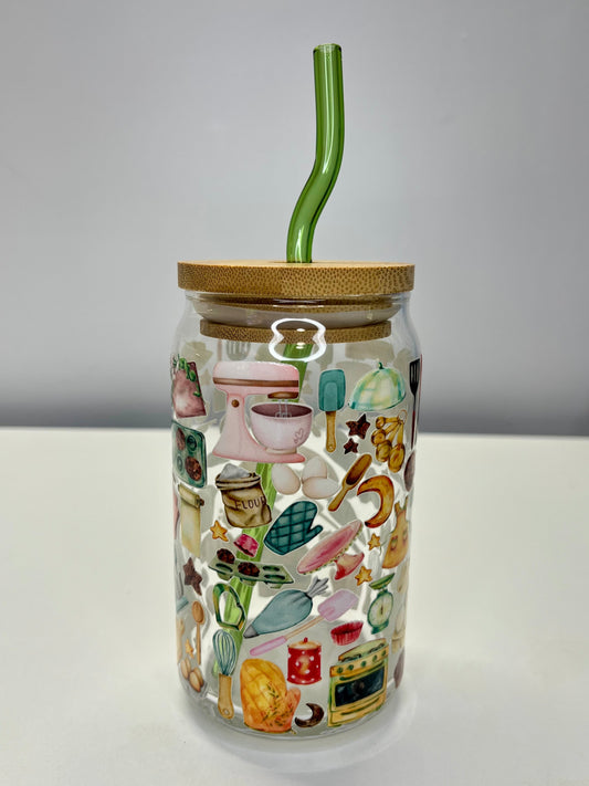 “Baker’s Sweet Dreams” Glass Can Cup | Cute Baking Design | UV DTF | Green Straw + Bamboo Lid