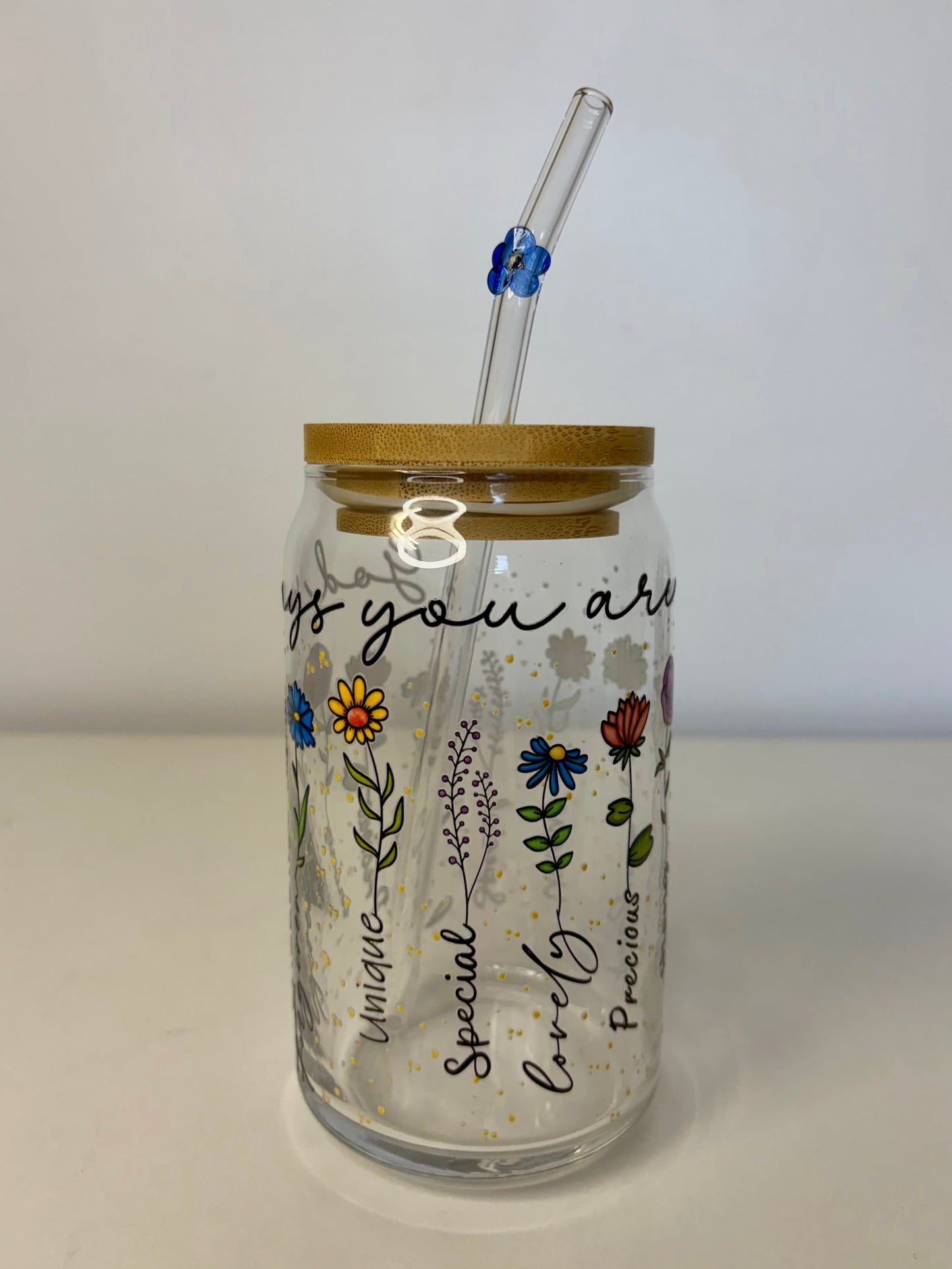 “God Says You Are” Glass Can Cup – UV DTF Christian Inspirational Cup, Flower Glass Straw & Bamboo Lid (16oz)
