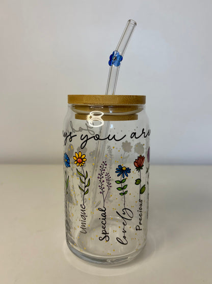 “God Says You Are” Glass Can Cup – UV DTF Christian Inspirational Cup, Flower Glass Straw & Bamboo Lid (16oz)