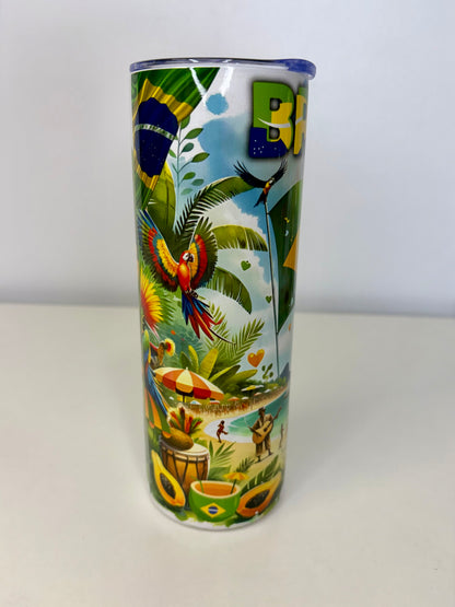 Brasil 20oz Stainless Steel Tumbler – Insulated Travel Cup with Plastic Lid, Straw & Rubber Bottom
