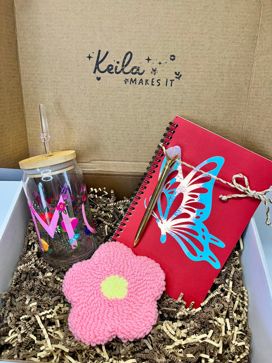 MOM Gift Box - UV DTF Glass. An Cup with Flower Straw, Pink Mug Rug Coaster & Butterfly Notebook
