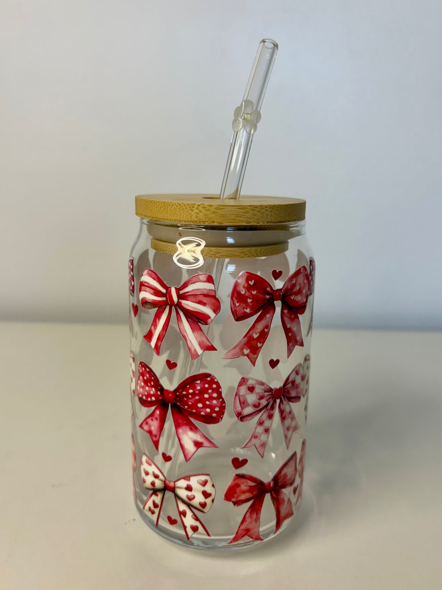 Red Bows Glass Can Cup, Bamboo Lid & Glass Straw