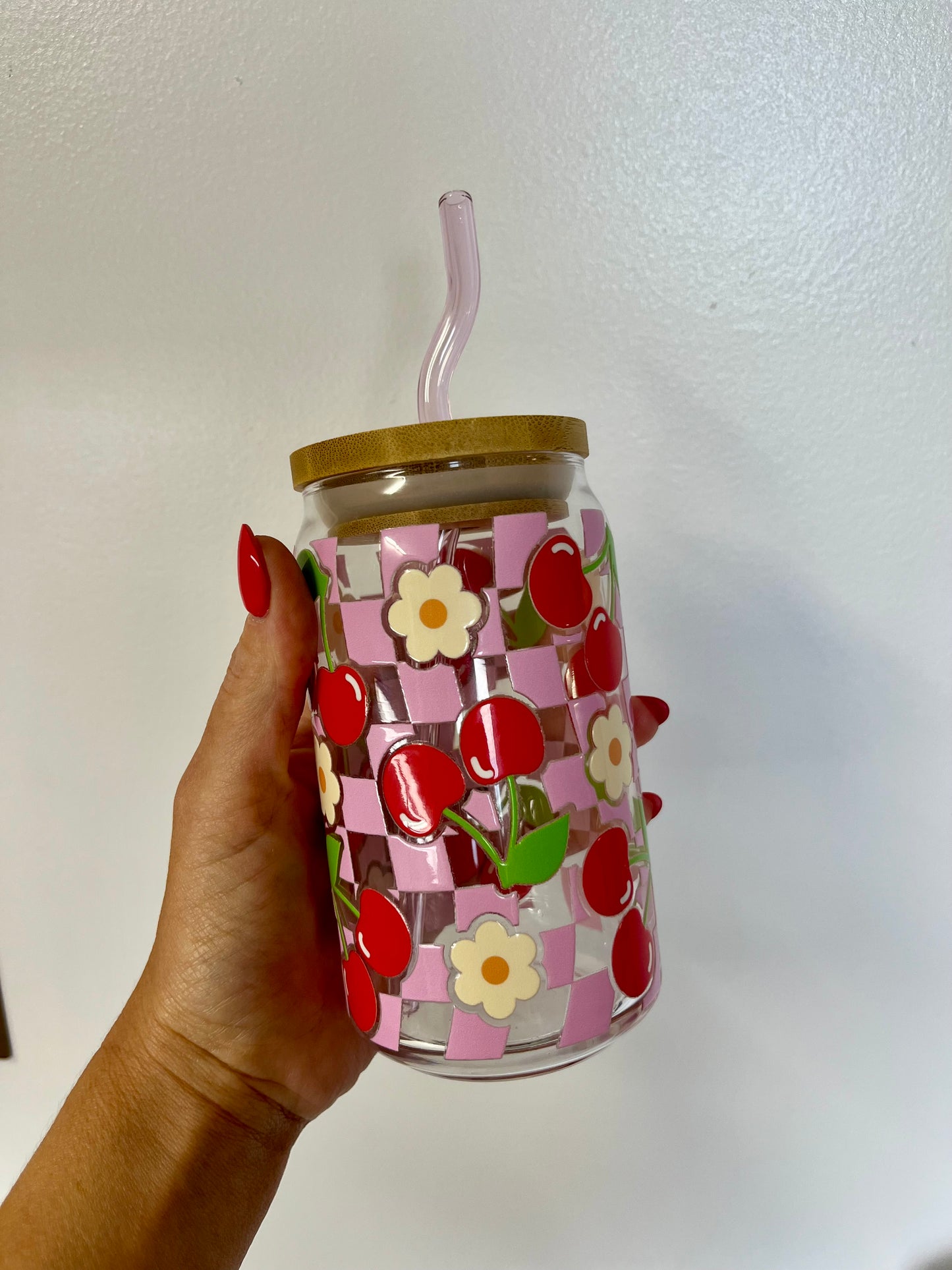 Cherry Glass Can Cup with Pink Glass Straw & Bamboo Lid - UV DTF cup wrap