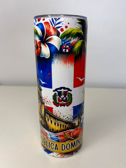 Republica Dominicana 20oz Stainless Steel Tumbler – Tropical Flag Design, Plastic Lid, Straw & Rubber Bottom