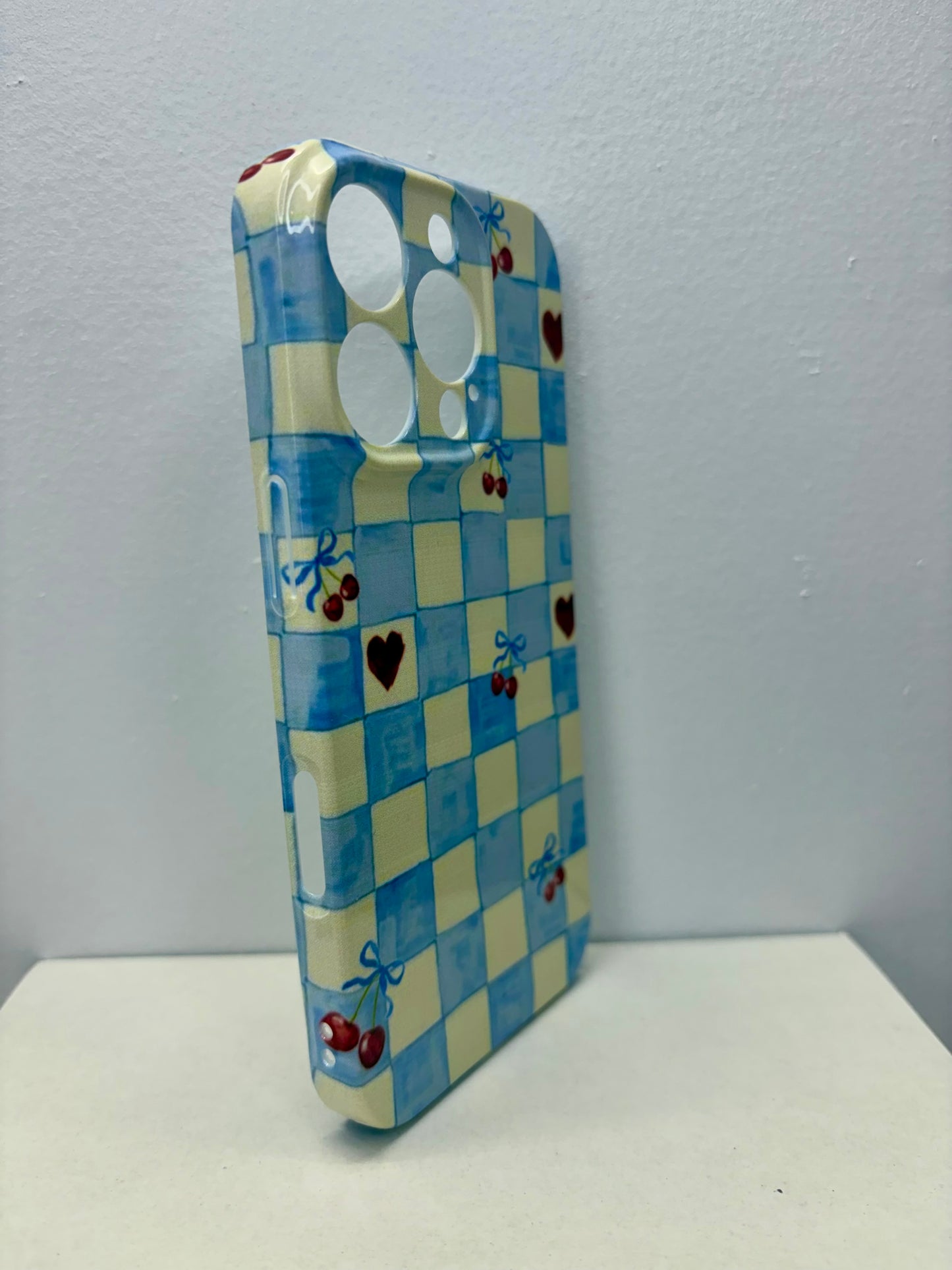 Blue Cherry Heart Checkered iPhone Case – 3D Wraparound Full Coverage Protective Phone Case for iPhone 14–16 Series