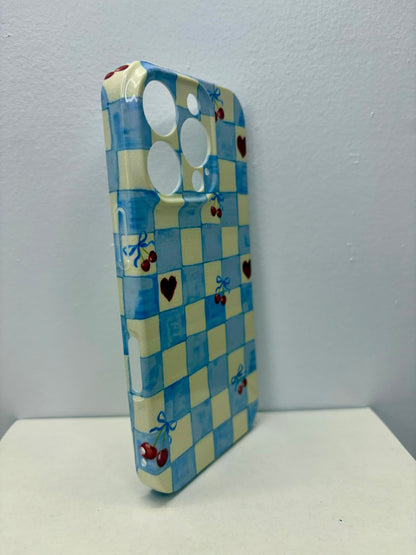 Blue Cherry Heart Checkered iPhone Case – 3D Wraparound Full Coverage Protective Phone Case for iPhone 14–16 Series