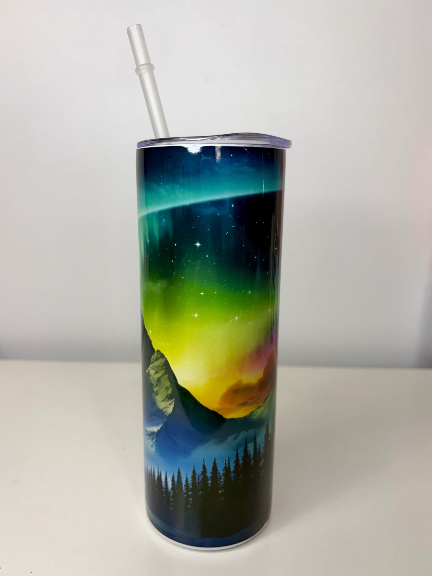 Northern Lights Mountain Landscape Stainless Steel Tumbler 20oz with Straw & Rubber Bottom
