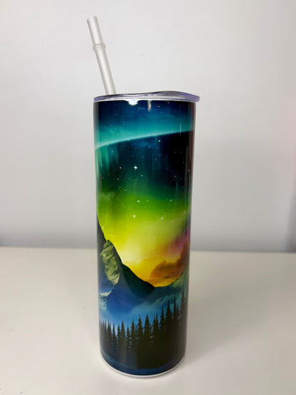 Northern Lights Mountain Landscape Stainless Steel Tumbler 20oz with Straw & Rubber Bottom