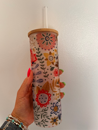 Elegant Floral Frosted Glass Tumbler - 20oz - Keila Makes It