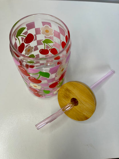 Cherry Glass Can Cup with Pink Glass Straw & Bamboo Lid - UV DTF cup wrap
