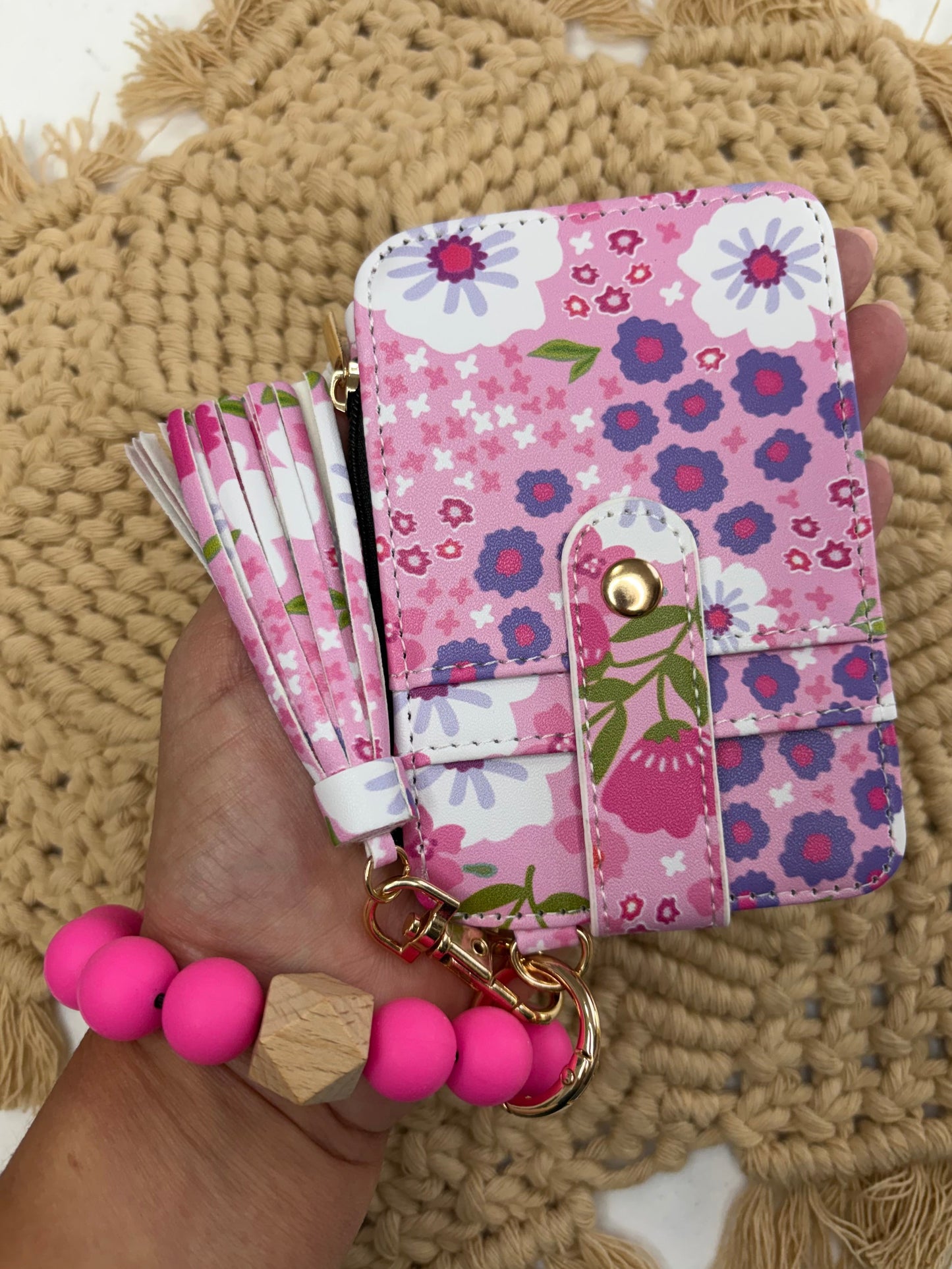 Pink Floral Boho Beaded Wristlet Wallet – Cute PU Leather ID Wallet