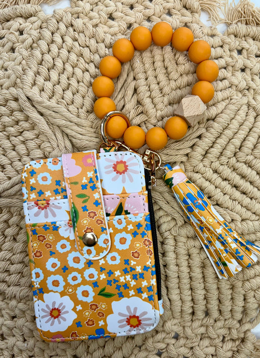 Mustard Yellow Floral Boho Beaded Wristlet Wallet – Retro Floral Bracelet Wallet