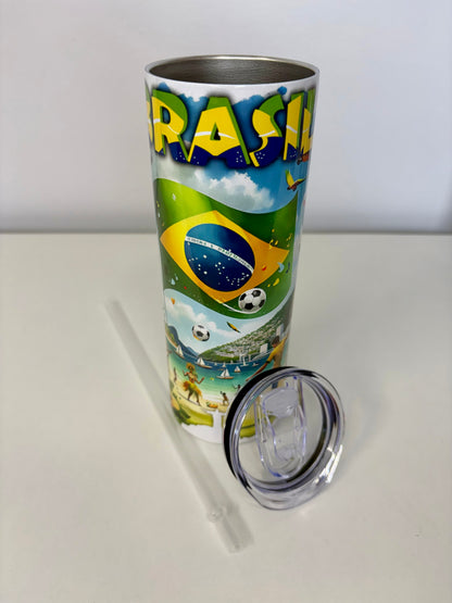 Brasil 20oz Stainless Steel Tumbler – Insulated Travel Cup with Plastic Lid, Straw & Rubber Bottom