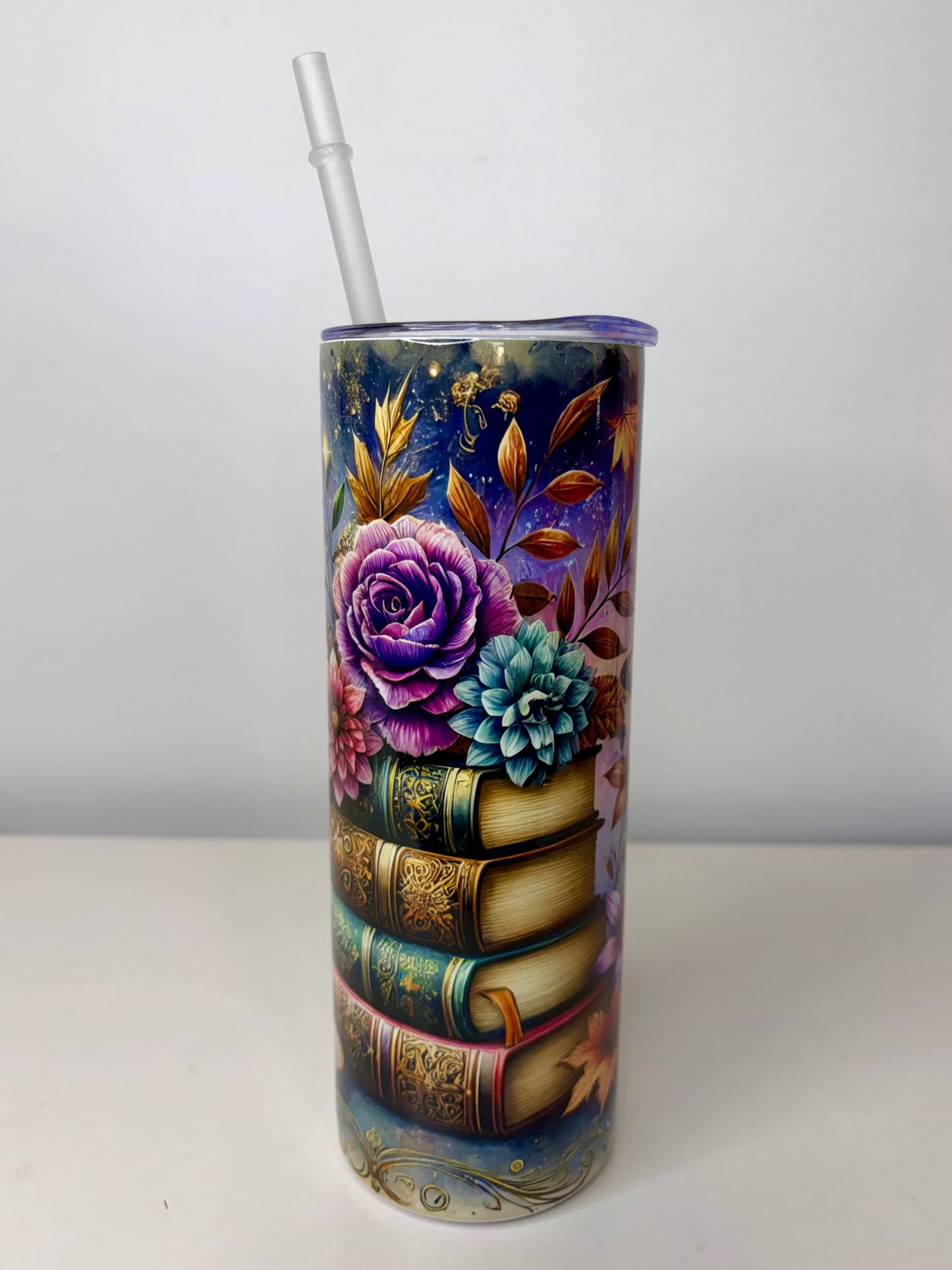 Flower, Books & Coffee Dream Stainless Steel Tumbler – 20oz with Straw & Leak-Resistant Lid