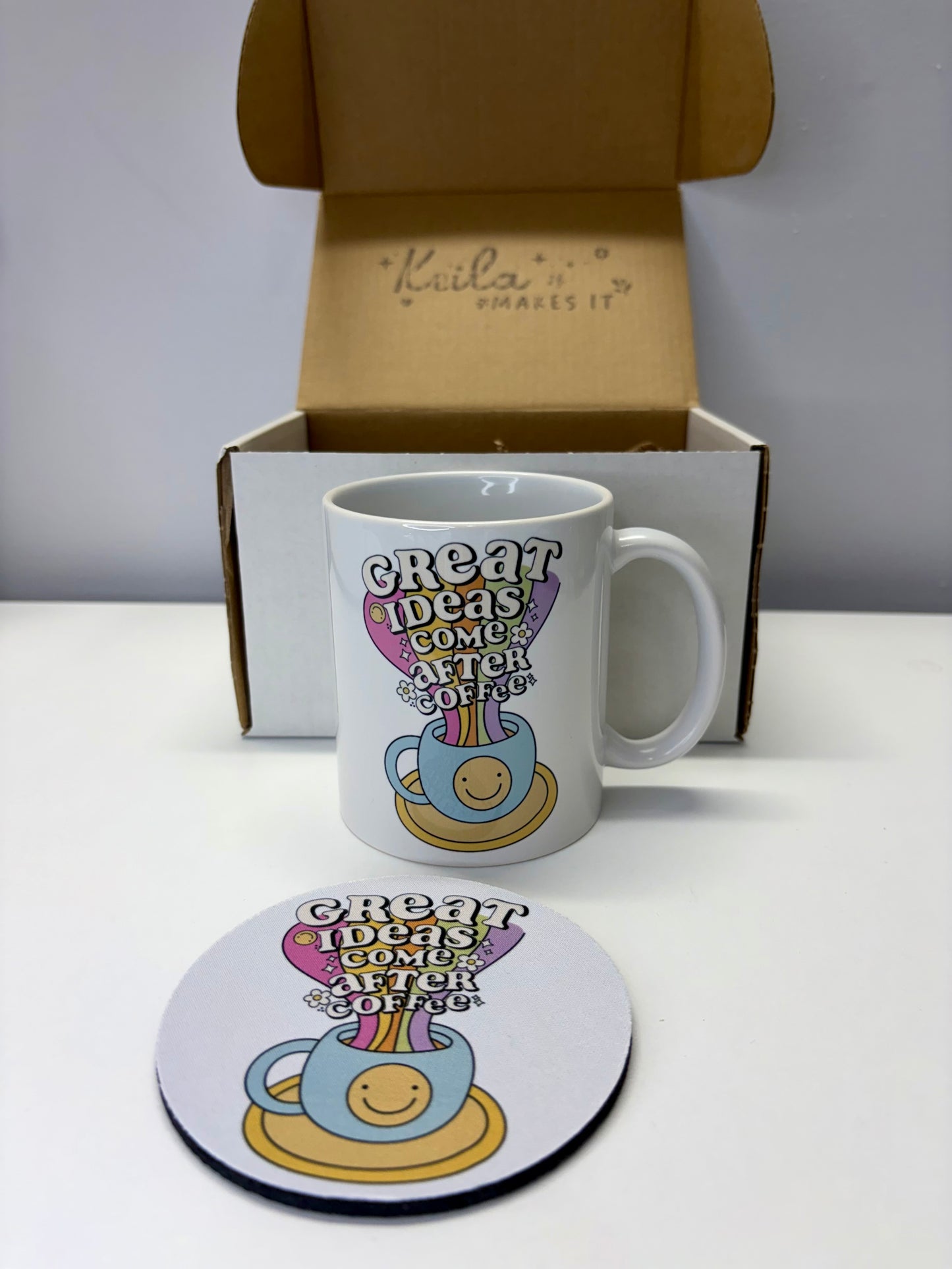 Great Ideas Come After Coffee Mug & Coaster Gift Set – Cute 11oz Ceramic Coffee Cup + Matching Coaster