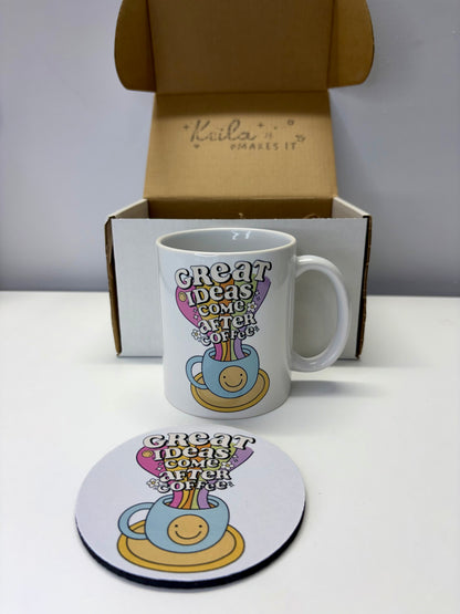 Great Ideas Come After Coffee Mug & Coaster Gift Set – Cute 11oz Ceramic Coffee Cup + Matching Coaster
