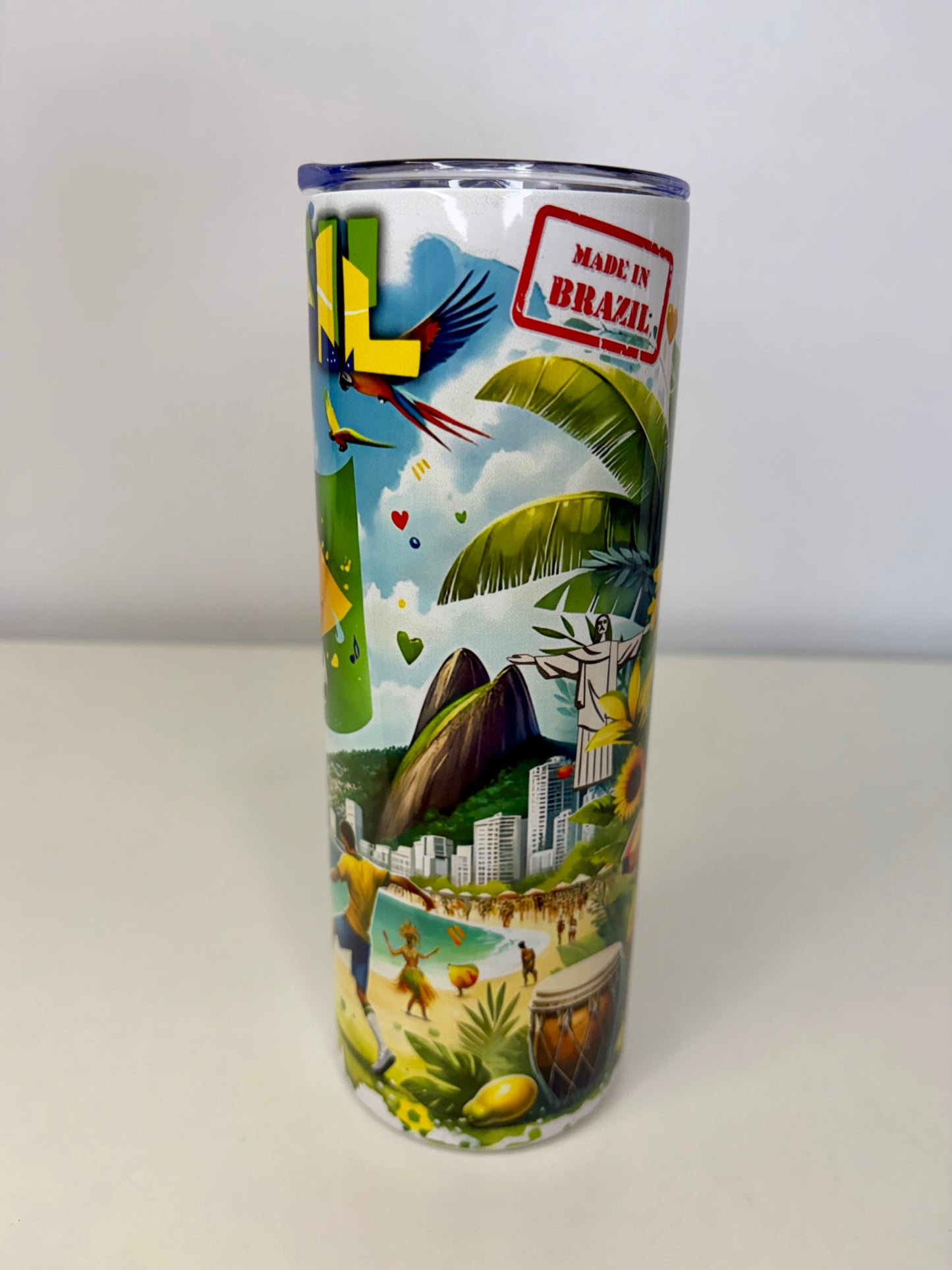 Brasil 20oz Stainless Steel Tumbler – Insulated Travel Cup with Plastic Lid, Straw & Rubber Bottom