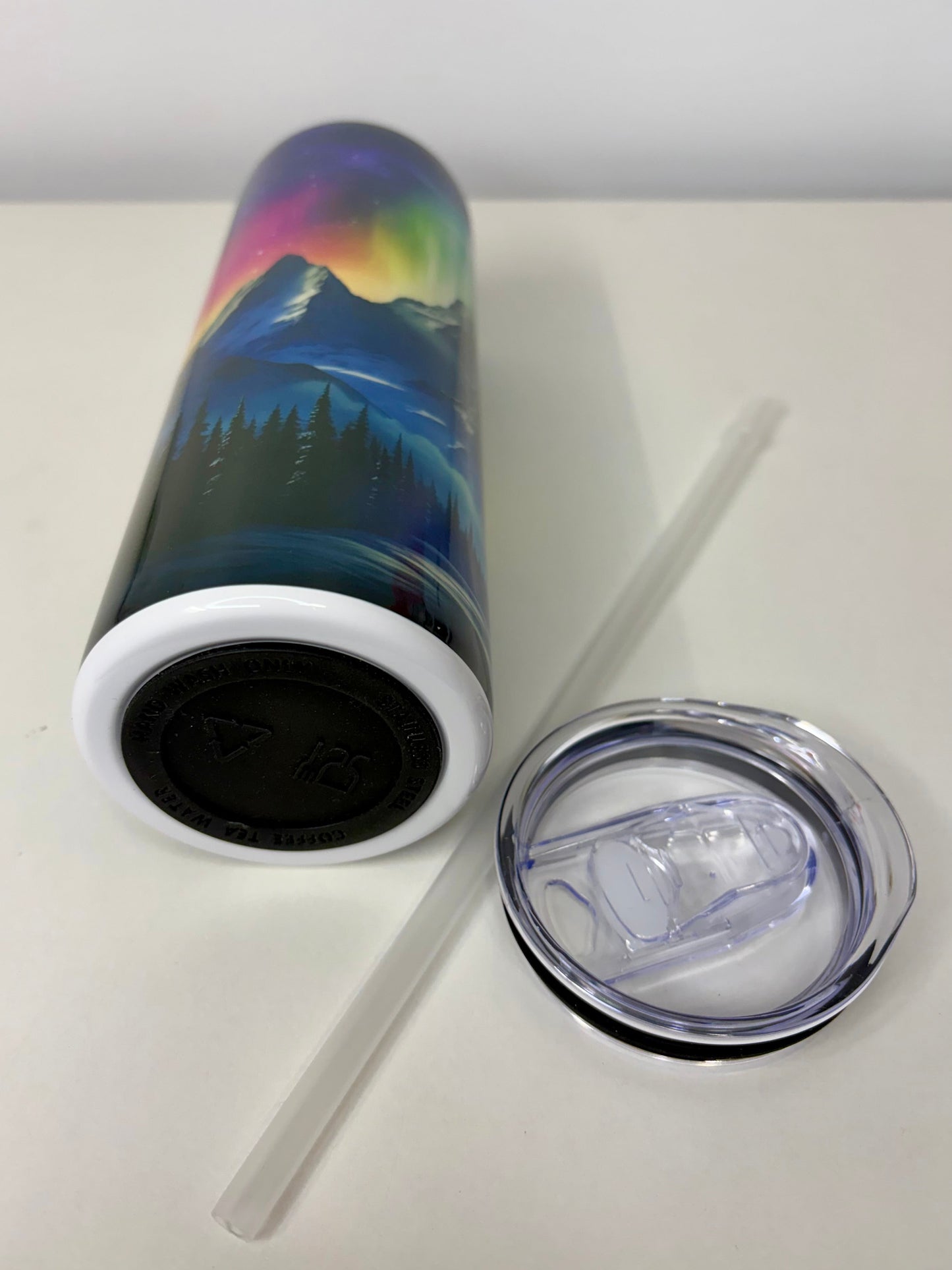 Northern Lights Mountain Landscape Stainless Steel Tumbler 20oz with Straw & Rubber Bottom