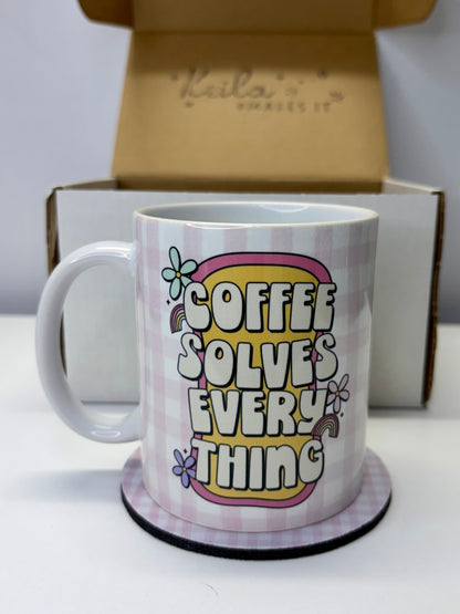 Coffee Solves Everything Mug & Coaster Gift Set – 11oz Ceramic Mug + Matching Coaster