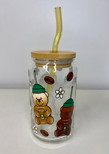 Coffee Bears Glass Can Cup, Bamboo Lid & Yellow Curved Glass Straw