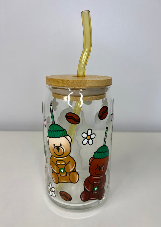 Coffee Bears Glass Can Cup, Bamboo Lid & Yellow Curved Glass Straw