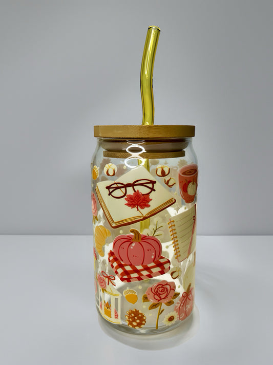 Pink Fall Glass Can Cup | Cozy Pumpkin Aesthetic with Bamboo Lid & Yellow Glass Straw