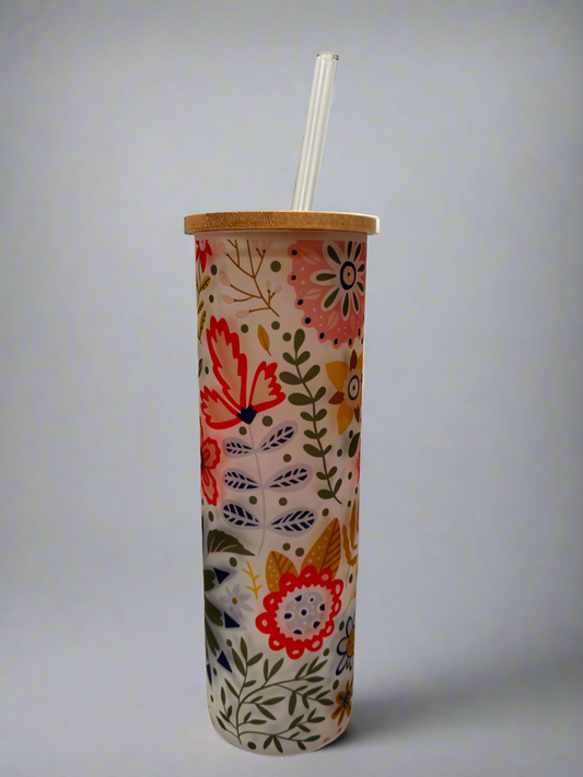 Elegant Floral Frosted Glass Tumbler - 20oz