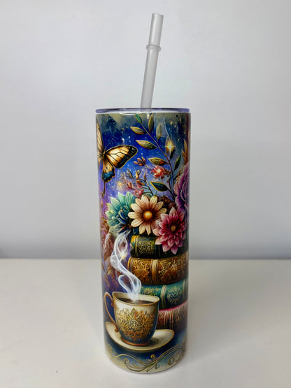 Flower, Books & Coffee Dream Stainless Steel Tumbler – 20oz with Straw & Leak-Resistant Lid