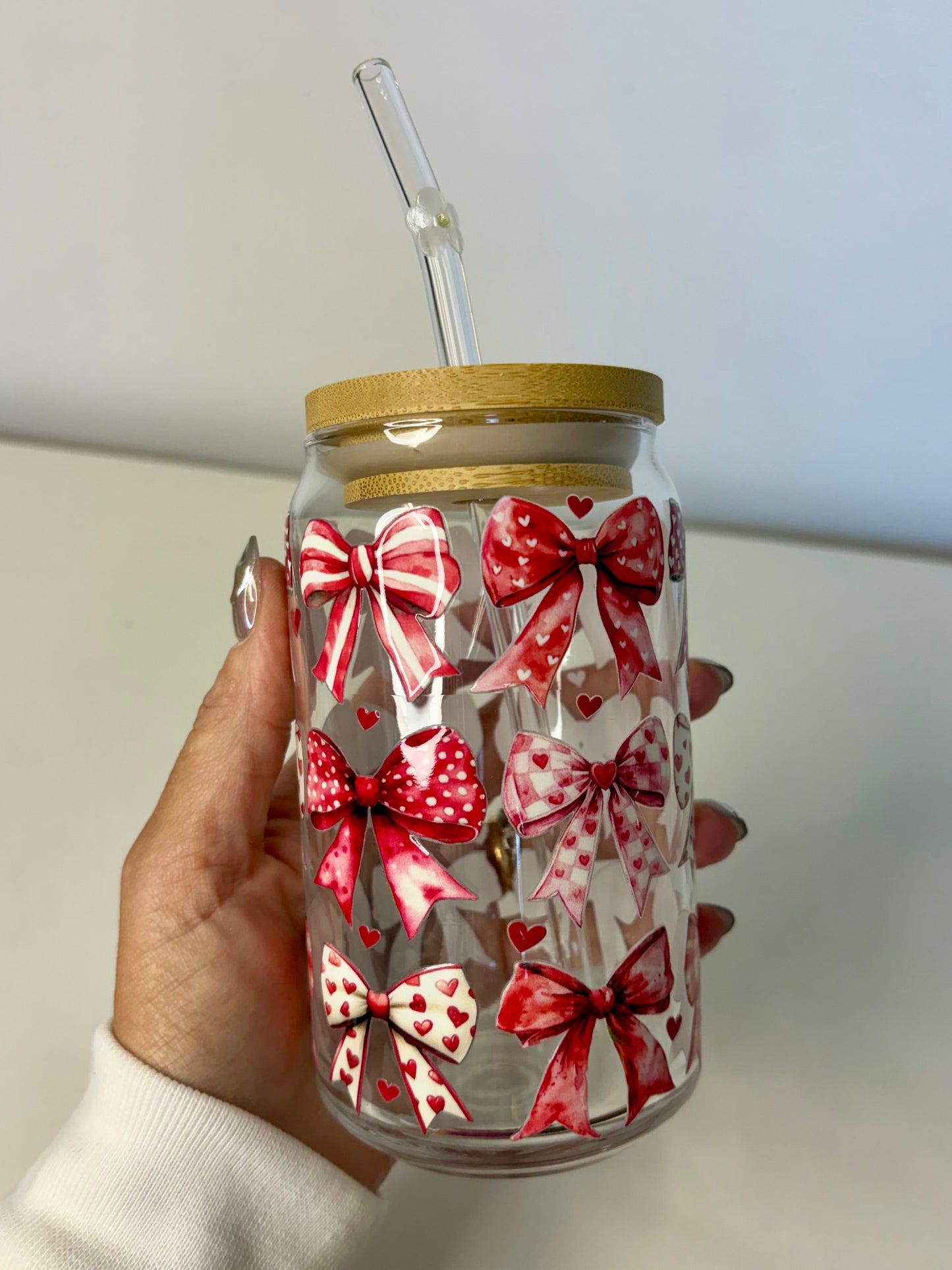 Red Bows Glass Can Cup, Bamboo Lid & Glass Straw