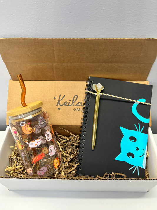 Cat Lover Gift Box - Glass Can Cup with UV DTF Cats, Curved Glass Straw, Bamboo Lid & Cat Notebook + Gold Gem Pen