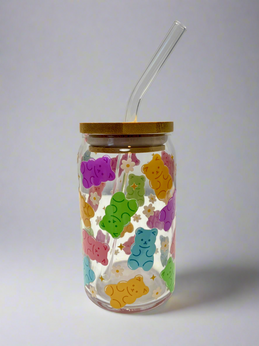 Gummy Bear Glass Cup with Bamboo Lid & Straw - 16oz